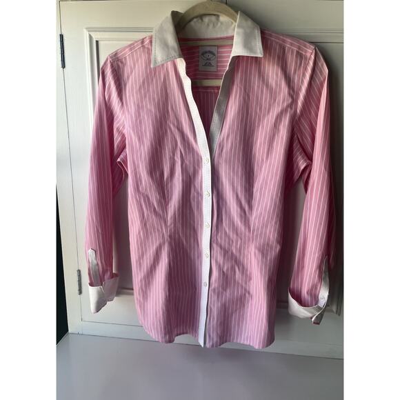 Brooks Brothers 1818 Women’s Size 4 Shirt Pink White Striped Non-Iron Fitted - Picture 2 of 9